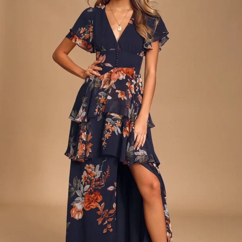 Navy Blue Floral Layered Maxi Dress